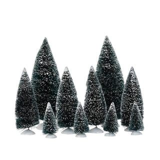 Set of ten green bottle-brush Christmas trees with white snow flecks on bases