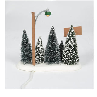 Department 56 Lit Christmas Tree Lot with miniature snow-covered evergreen trees and streetlight