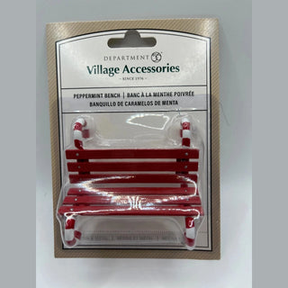 Department 56 Peppermint Bench in retail packaging, red resin seat with candy cane striped legs for Christmas village display