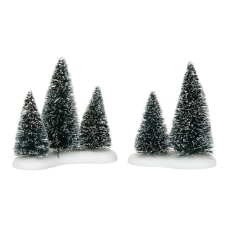 Department 56 Sisal Tree Groves set with snow-frosted evergreen trees on white bases