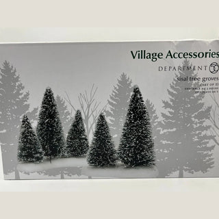 Department 56 Sisal Tree Groves box front with dark green frosted trees illustration
