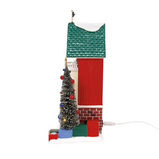 Department 56 Snowvil Sentry lighted building with Christmas tree and wrapped gifts