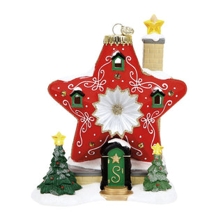 Department 56 Sparkle Star House ornament with green door, Christmas trees, and chimney