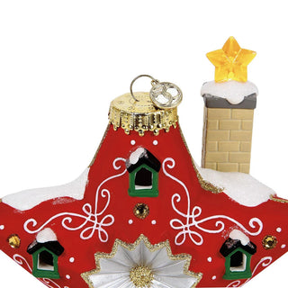 Department 56 Sparkle Star House ornament with red body, gold glitter trim, and star topper