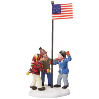 Department 56 Triple Dog Dare figurine with three children around an American flag pole