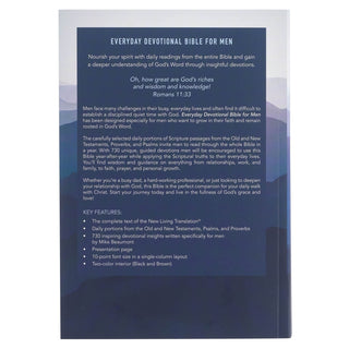 Back cover of Everyday Devotional Bible for Men NLT softcover in blue with key features