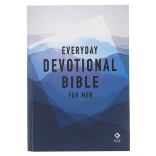 Everyday Devotional Bible for Men NLT softcover with blue mountain landscape cover design