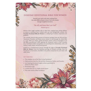 Back cover of Everyday Devotional Bible for Women NLT featuring floral design and key features