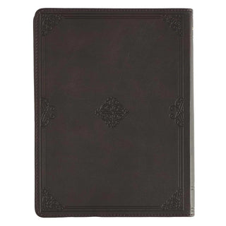 Dark brown faux leather devotional book with embossed ornamental design and border detail