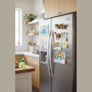 Dinosaur Magnets on refrigerator in modern kitchen holding kids artwork