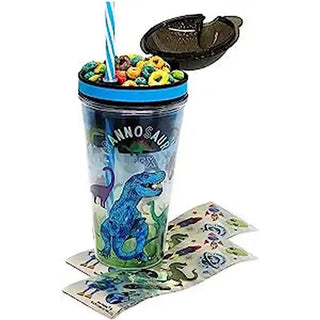 Blue T-Rex dinosaur snack and drink cup with open cereal compartment, striped straw, and sticker sheets