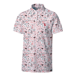 Local Boy Outfitters Dirty Myrtle Polo featuring red and black collegiate game day icons on white background