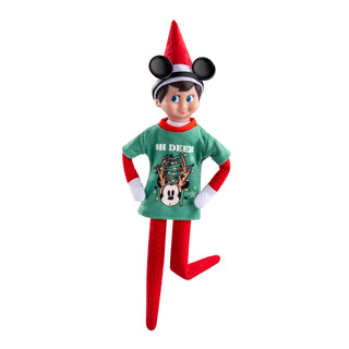 Elf on the Shelf doll wearing green Oh Deer Mickey Mouse Christmas sweater with Mickey ears headband