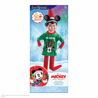Elf on the Shelf doll wearing green Mickey Mouse Oh Deer Christmas sweater in packaging