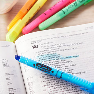 Colorful highlighters on an open book with a blue one labeled 'REJOICE'.