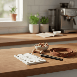 Dog notepad on desk with pen and pet accessories