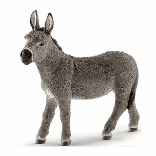 Schleich realistic gray donkey toy figurine with textured fur, black muzzle and white chin patch in mid-stride pose