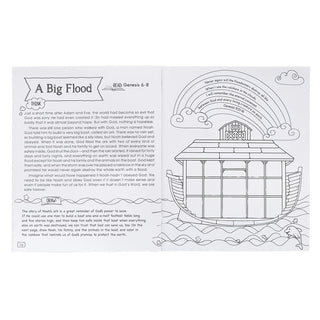 Educational page about Noah's Ark with text and coloring area 