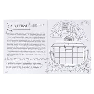 Educational page about Noah's Ark with text and coloring area 