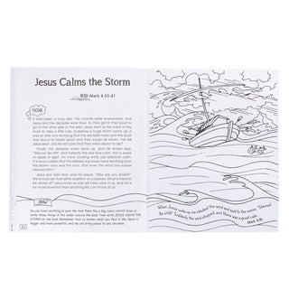 Coloring book page with Jesus Calms the Storm illustration 
