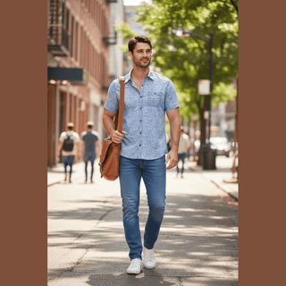 Dorset Floral Vintage Soft Shirt worn by man on city street with denim jeans