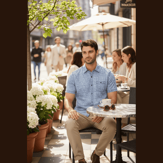 Dorset Floral Vintage Soft Shirt worn by man at outdoor cafe with chinos