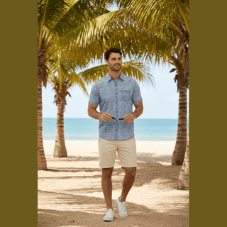 Dorset Floral Vintage Soft Shirt worn by man outdoors with shorts and sneakers