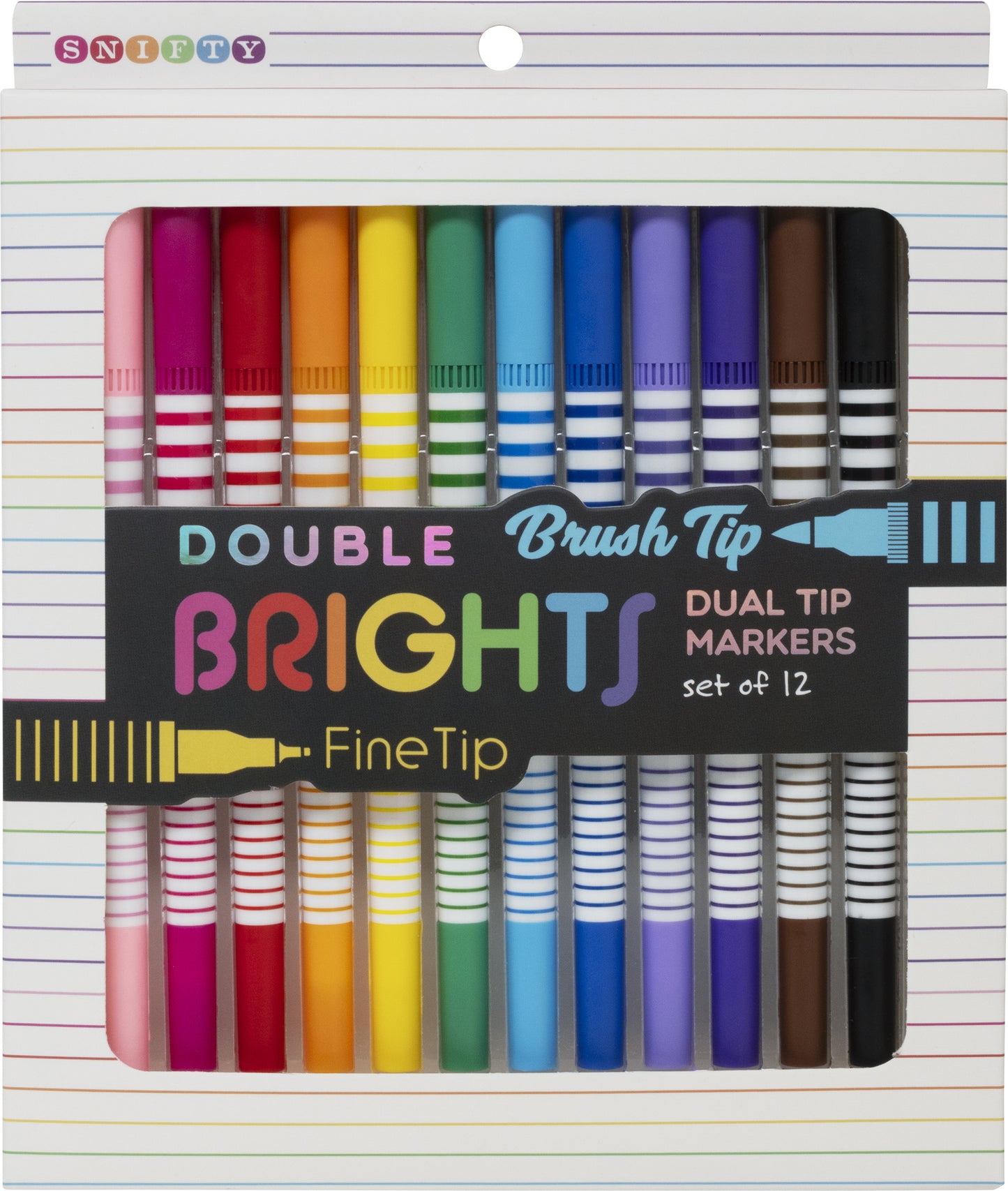 Pack of double brush tip markers with colorful caps on a striped background