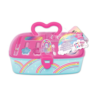 Hot Focus Dream Collection Dreamer Beauty rainbow makeup case with nail polish and cosmetics, pink and aqua