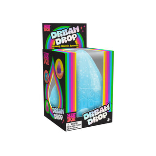 Nee Doh Dream Drop blue glittery sensory squeeze toy in colorful retail packaging box