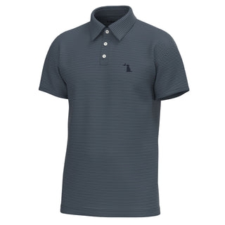 Local Boy Outfitters Driftwood Polo in charcoal blue and midnight fine horizontal stripes with dog logo