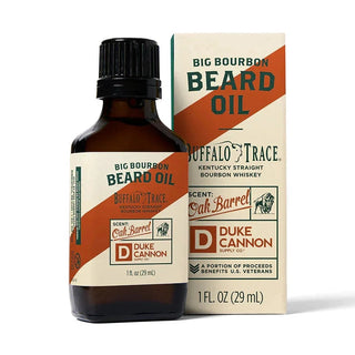 Duke Cannon Big Bourbon Beard Oil in amber glass bottle with black cap and Oak Barrel scent packaging