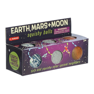 Aurora Earth Mars Moon squishy balls packaging with die-cut windows showing solar system toy set