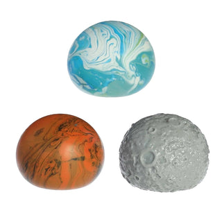 Earth Mars and Moon squishy balls set featuring marbled texture and raised crater details