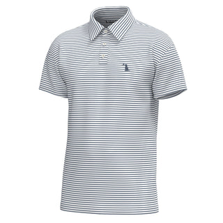 Local Boy Outfitters Edisto Polo in dark slate and white horizontal stripes with logo