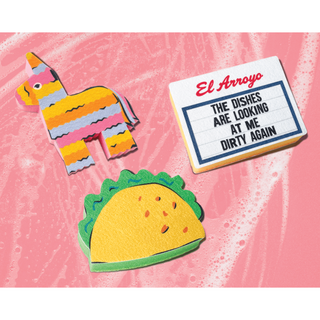 El Arroyo three-piece sponge set shaped like a piñata, taco, and marquee sign on pink background
