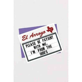 1900s patience marquee greeting card layered over purple envelope showing depth and shadow
