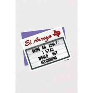 One Star Would Not Recommend adulting humor marquee card angled over solid purple envelope