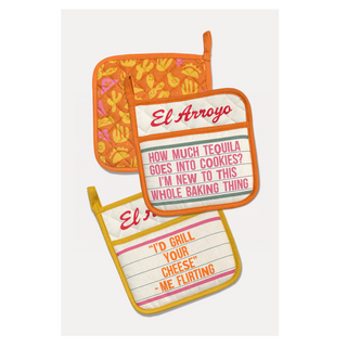 El Arroyo set of three marquee-style pot holders in orange, cream, and yellow with humorous text