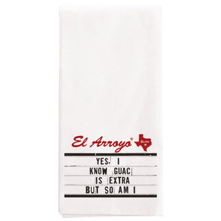 Cotton dish towel with red El Arroyo branding and 'Guac is Extra' funny kitchen quote