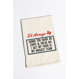 Cream El Arroyo tea towel with blue marquee frame and chips salsa foodie quote design