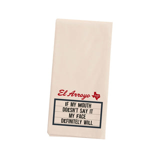 Soft cotton dish towel showing navy marquee border and face expression humor text