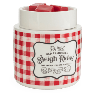 Candle Warmers Old Fashioned Sleigh Rides electric wax warmer with red gingham pattern and red wax melts