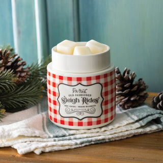 Candle Warmers Old Fashioned Sleigh Rides electric wax warmer with red buffalo check pattern and wax melts