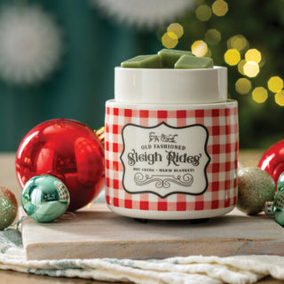 Candle Warmers Old Fashioned Sleigh Rides electric wax warmer with red gingham pattern and green wax melts
