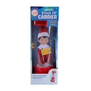 Official Elf on the Shelf Scout Elf Carrier in red transparent tube packaging with elf doll
