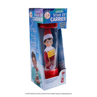 Official Elf on the Shelf Scout Elf Carrier in retail packaging with transparent tube and red base