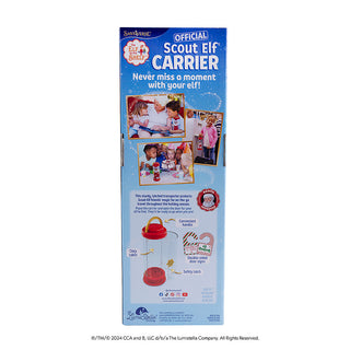 Back of box for Elf on the Shelf Official Scout Elf Carrier showing product features and lifestyle photos