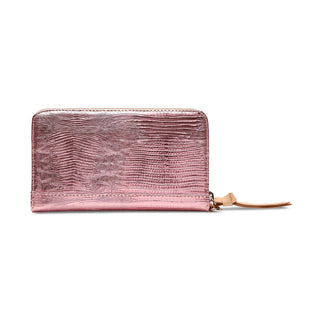 Rose gold wallet with a textured surface 