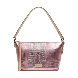 Pink textured handbag with beige accents 